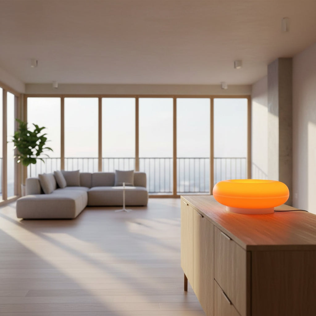 An illuminated orange plug-in version LED ring lamp with dimension markings (22.5cm, 7cm, 1.