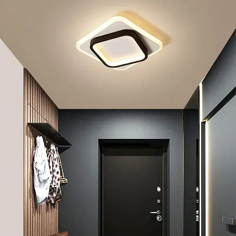 Ceiling light fixture in a modern hallway with a door and coat rack.