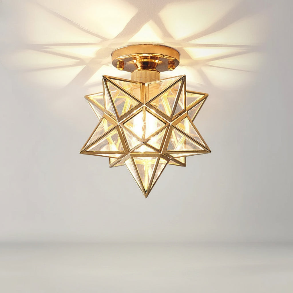 Geometric gold ceiling light fixture on a white background with 'Source factory' branding.