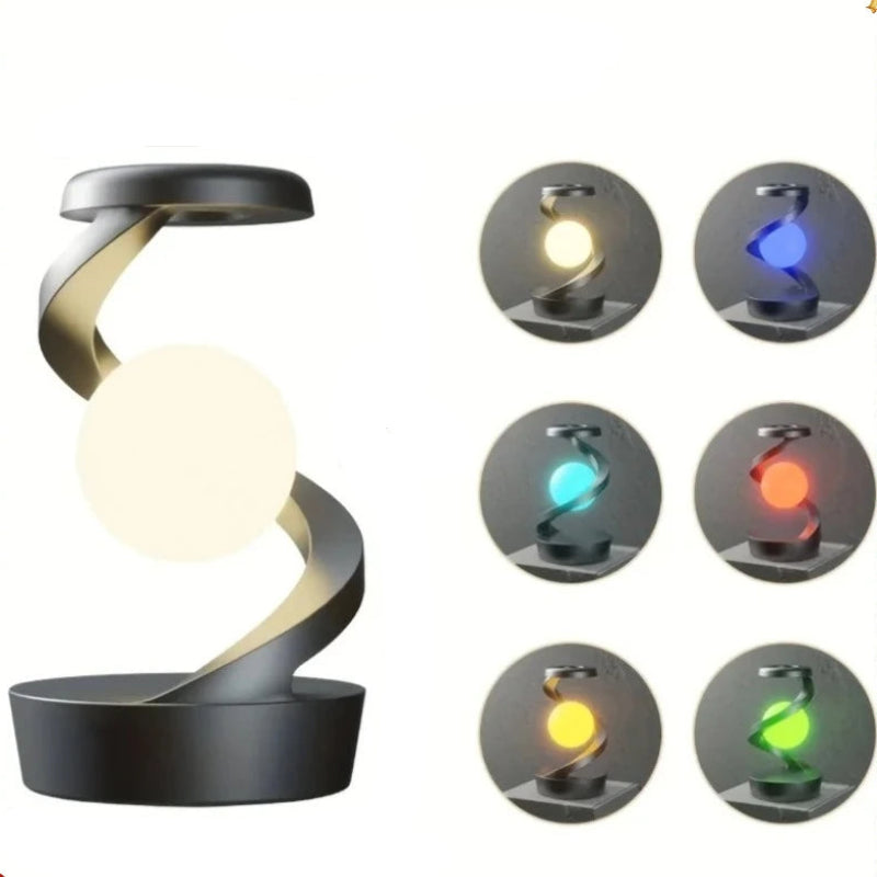 Product size diagram for a modern spiral LED desk lamp, showing the unlit dimensions of 13.5cm by 10cm by 25cm, alongside six circular color-changing illumination examples on a white background with a red patterned border.
