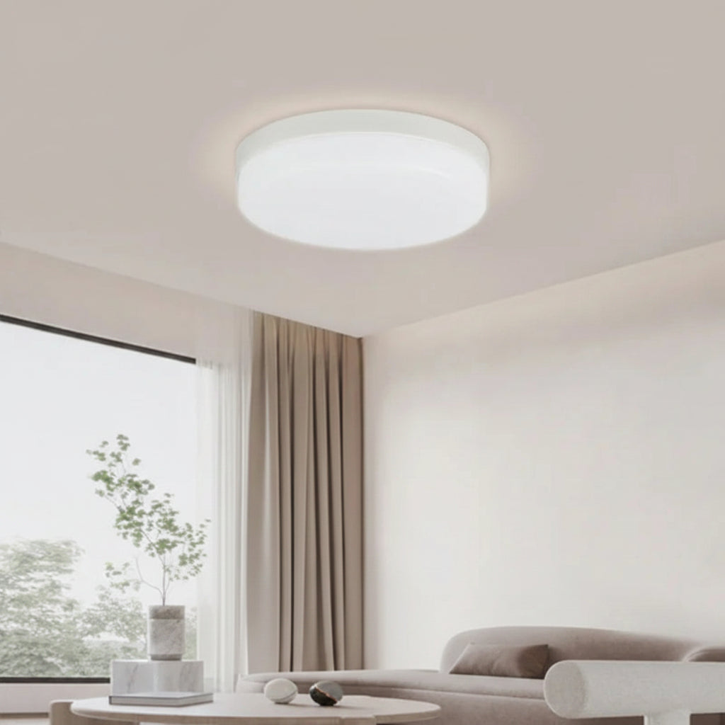 Ceiling light fixture with dimensions and color temperature options in a room setting.