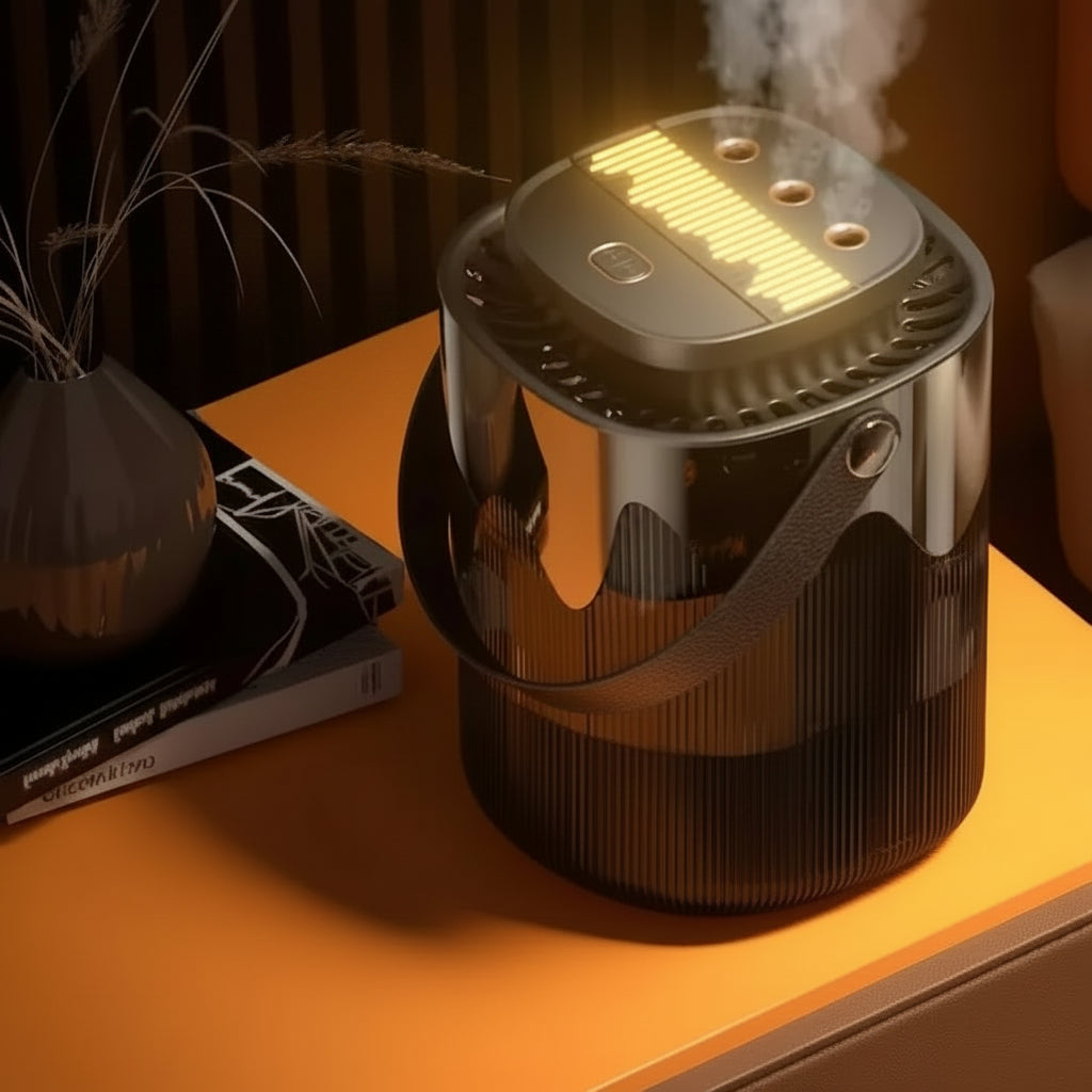 Little night light humidifier with night light illumination and sound level graph.