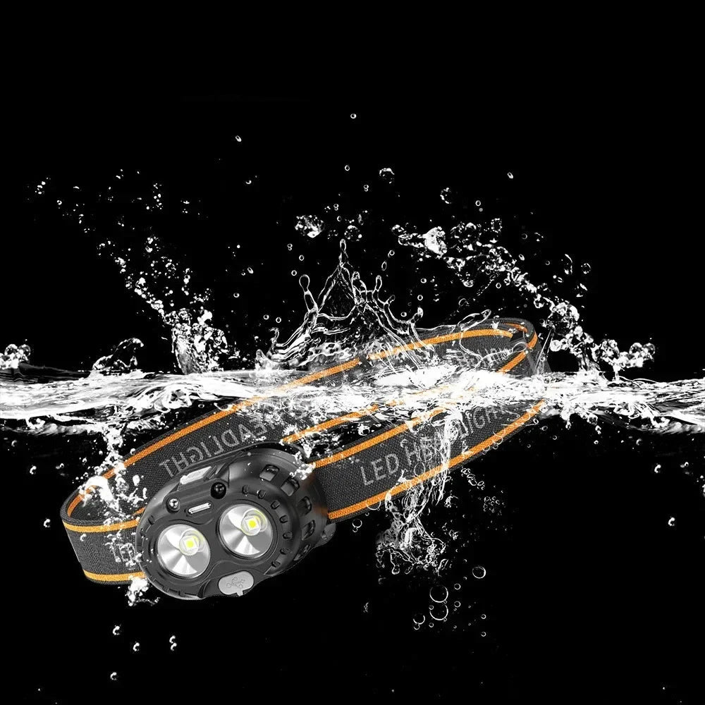Headlamp with water splashes on a black background, emphasizing waterproofing feature.
