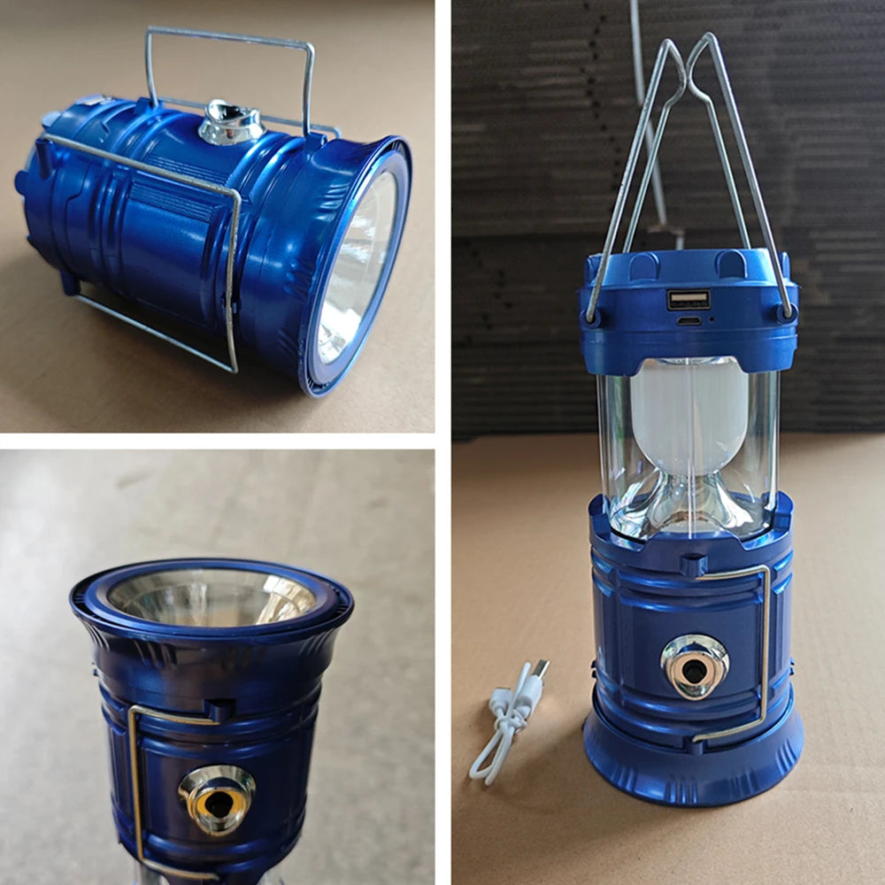 Collage of a blue camping lantern with different angles on a neutral background