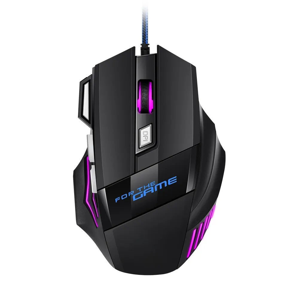 Gaming mouse with black and purple design on a white background