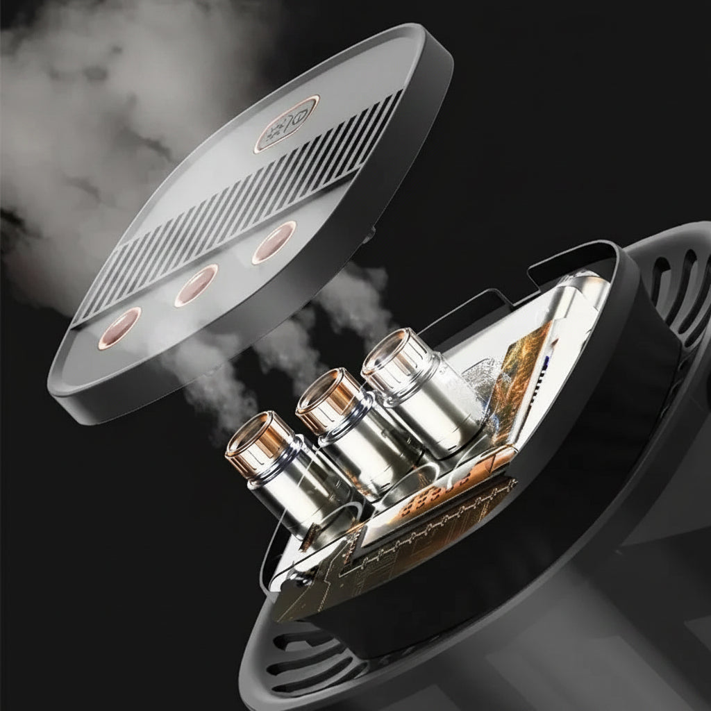 Humidifier with water tank showing steam, text about water level detection.