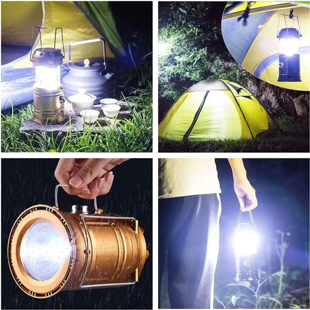 Collage of a blue camping lantern with different angles on a neutral background