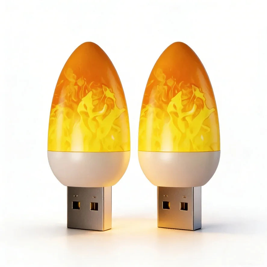 Two USB light bulbs with flame design on a white background