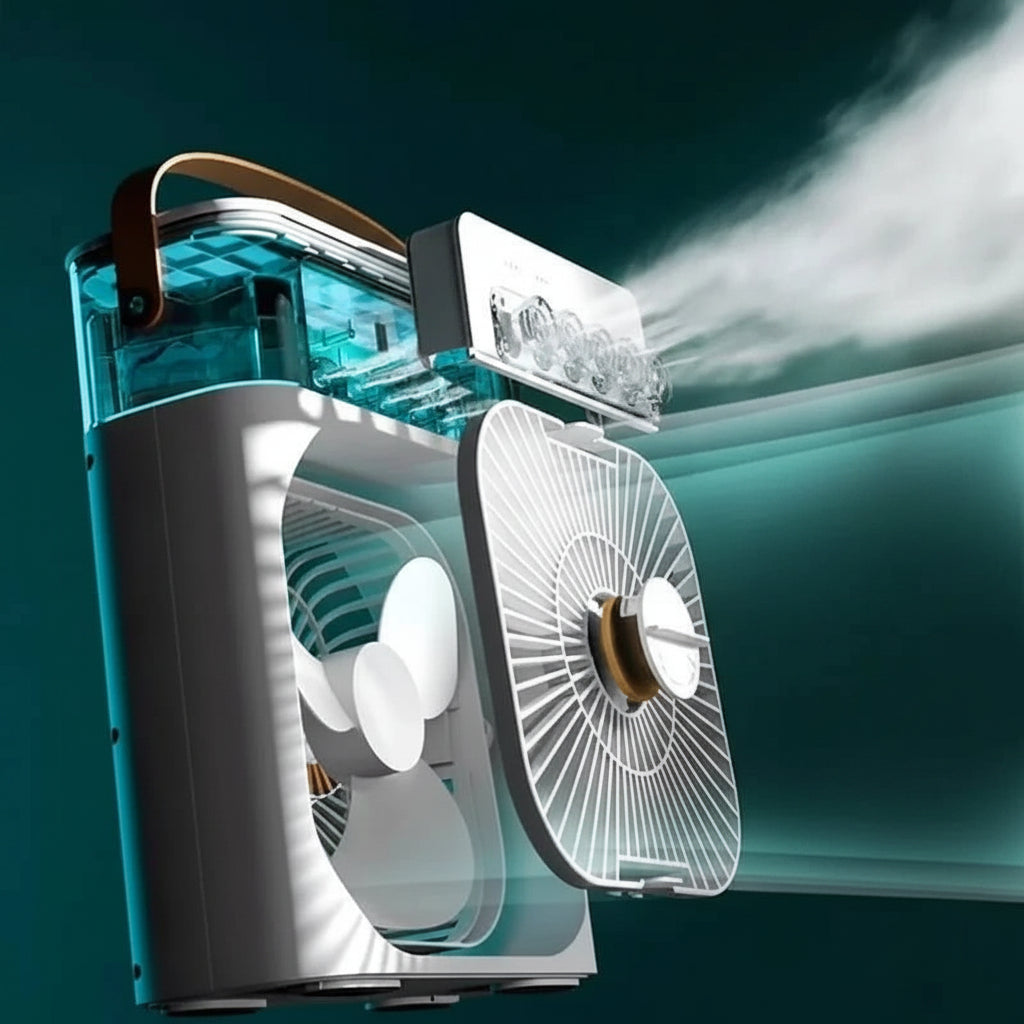 Portable fan with features highlighted on a green background