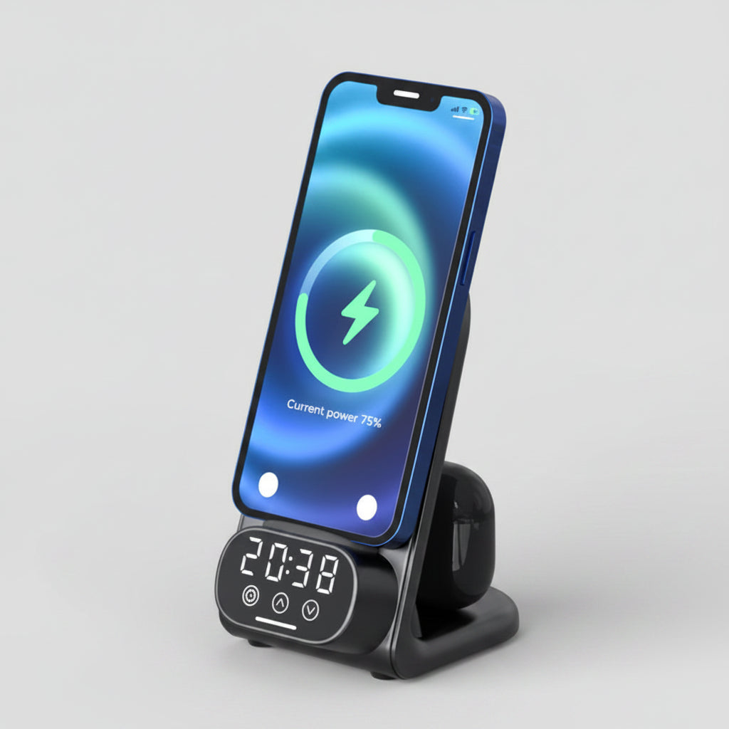 Phone holder with digital clock display on a wooden surface
