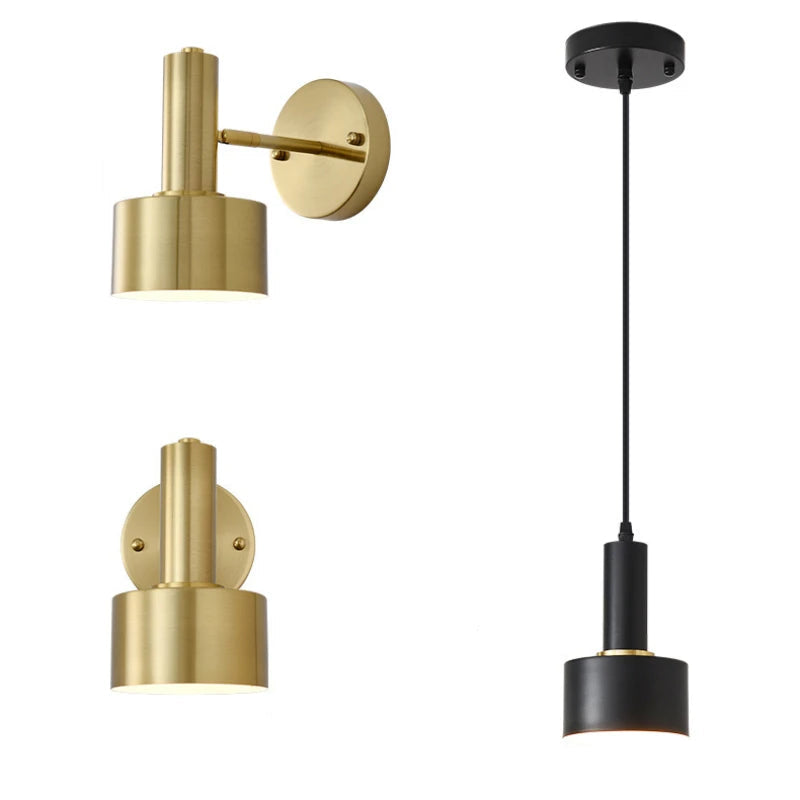 Dimensions of a gold wall sconce and black pendant light 