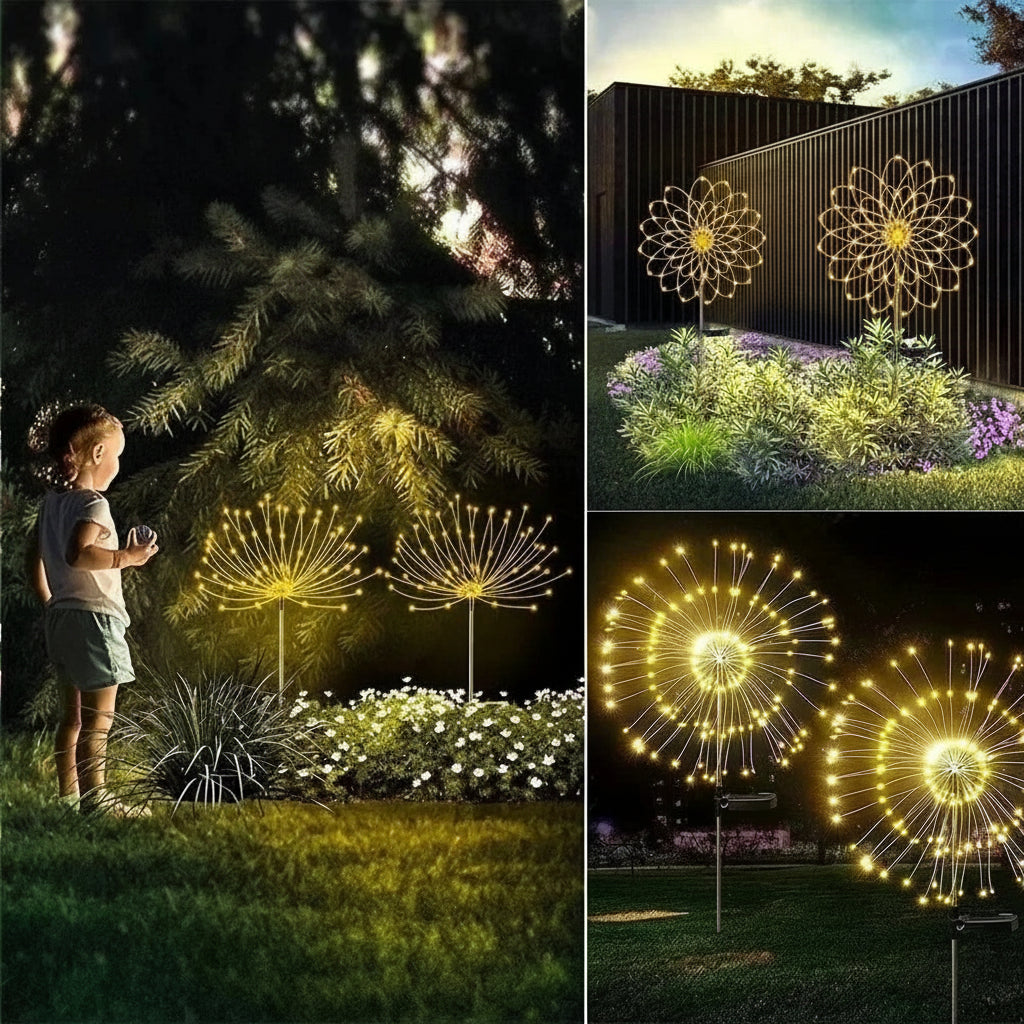 Backyard decoration lights with a child observing them, set against a dark sky.