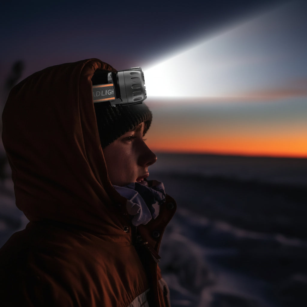 Person wearing a headlamp with text highlighting its features