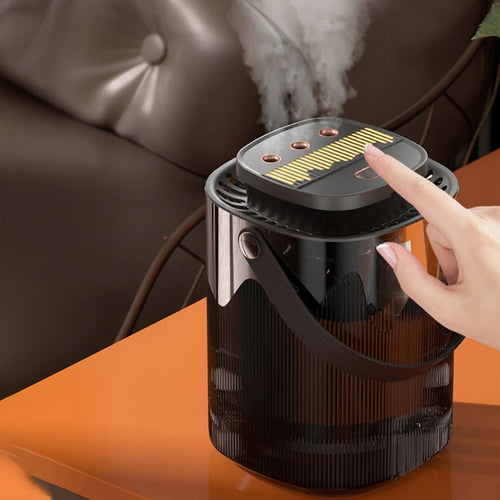 Hand adjusting a black spray device with usage instructions on an orange background