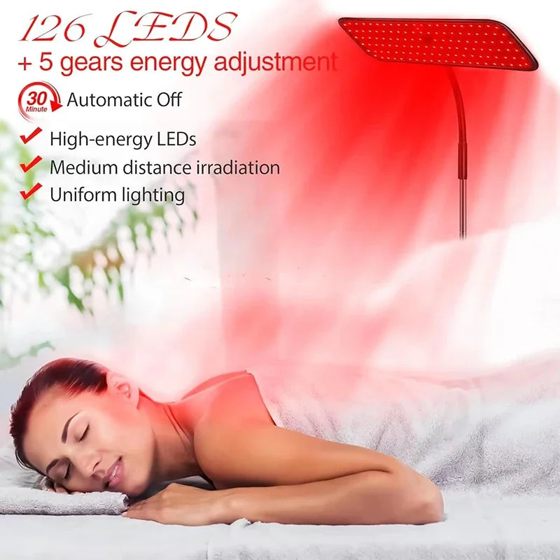 Woman lying down with a red light therapy device above her, highlighting features like 126 LEDs and energy adjustment.