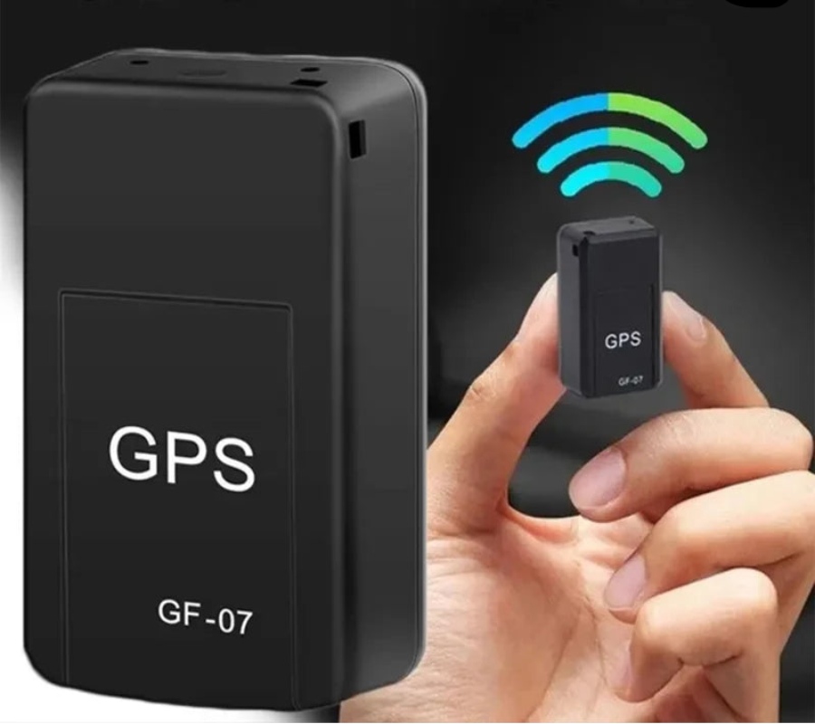GPS tracker with 'GF-07' model number held in a hand, against a black background with 'GPS Tracker' text.