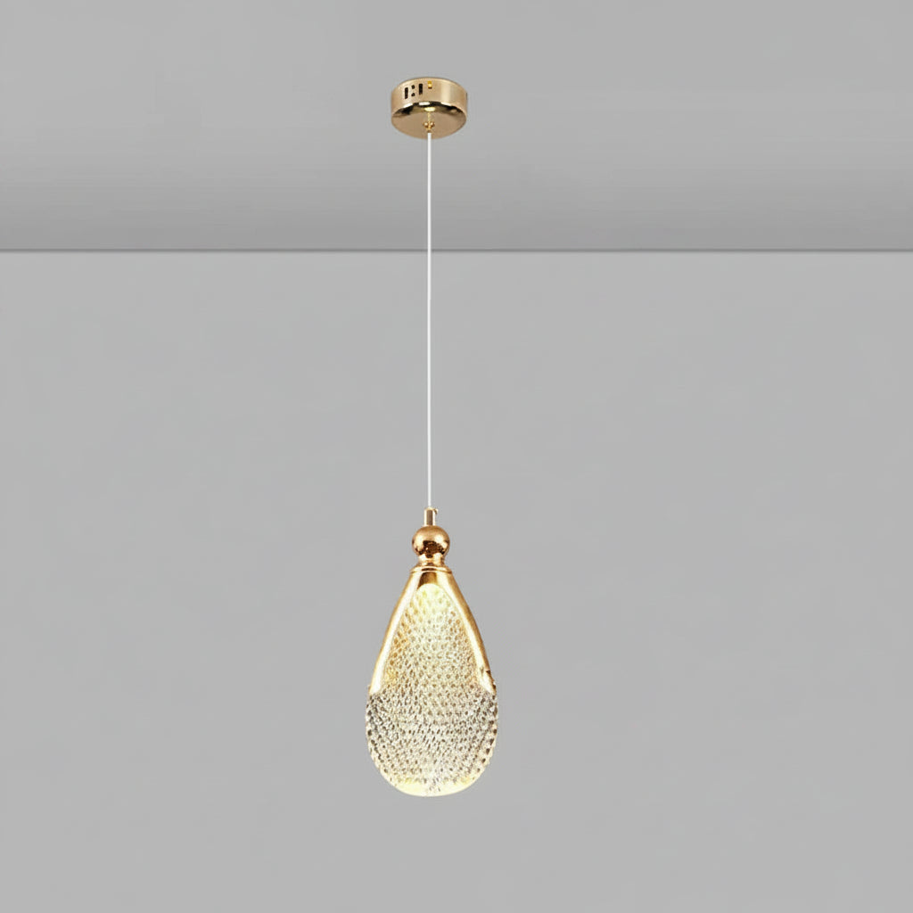 Gold pendant light with measurements on a gray background