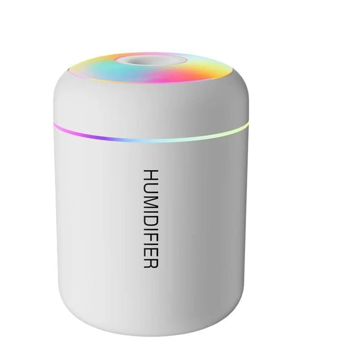 Humidifier with colorful LED lights and dimensions labeled on a white background