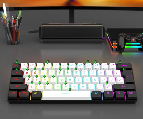 Mechanical keyboard with RGB lighting on a desk with office supplies.