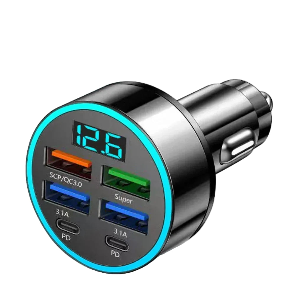 Car charger with multiple USB ports and a digital display on a white background