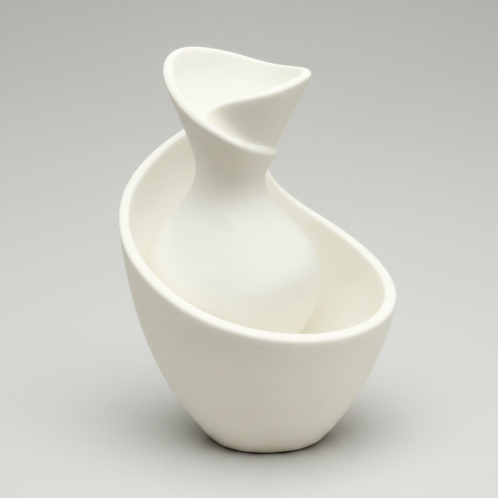 A modern, minimalist white ceramic vessel with a sculptural, abstract organic shape, photographed against a seamless white background.