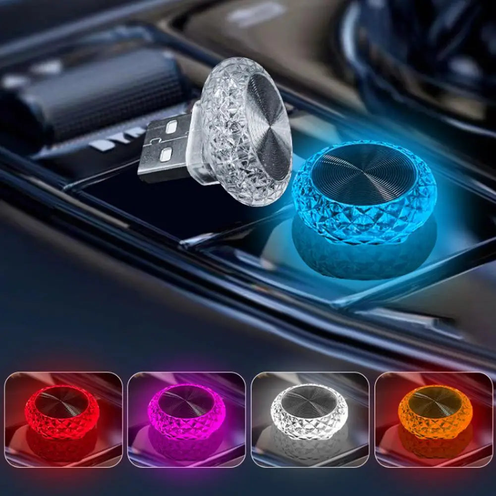 Car air freshener with USB cable and LED lights on a car dashboard, showing color options.