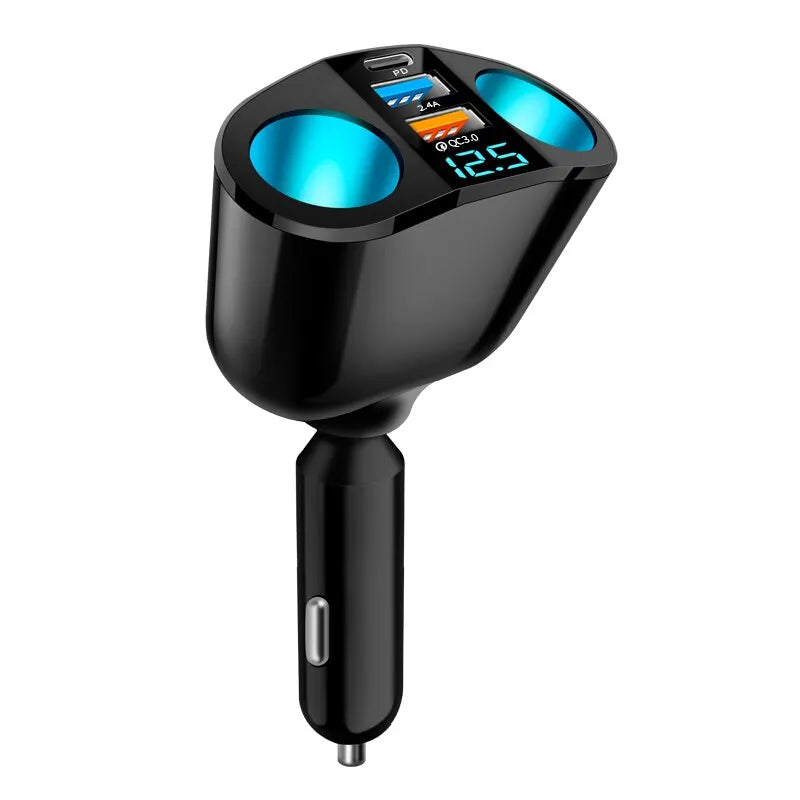 Black car charger with digital display on a white background