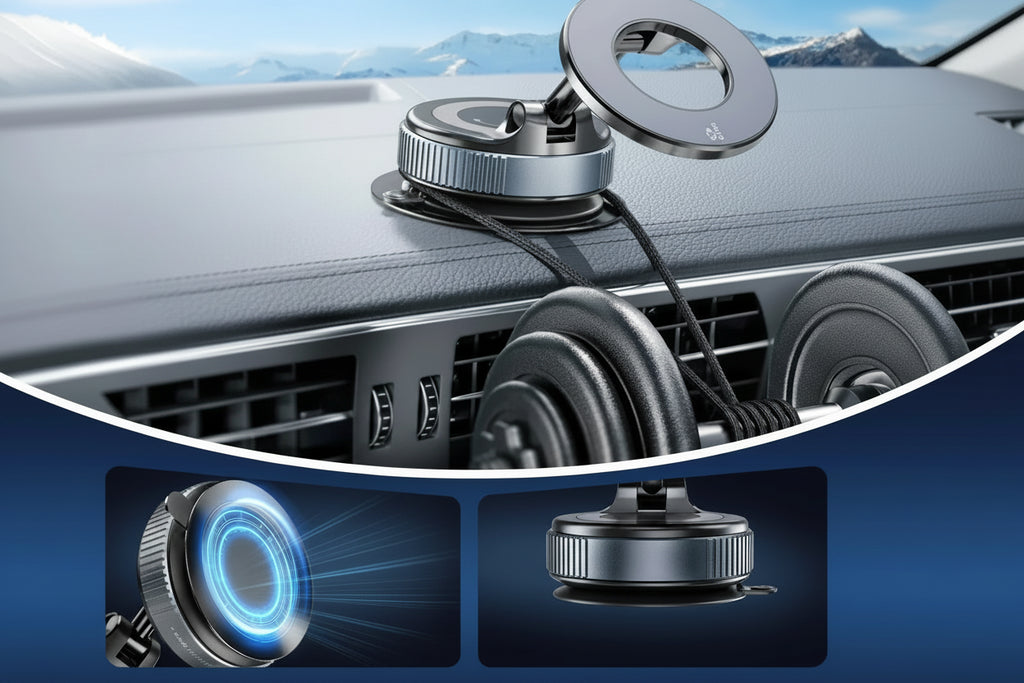 Car dashboard with a vacuum suction cup mount and features highlighted.