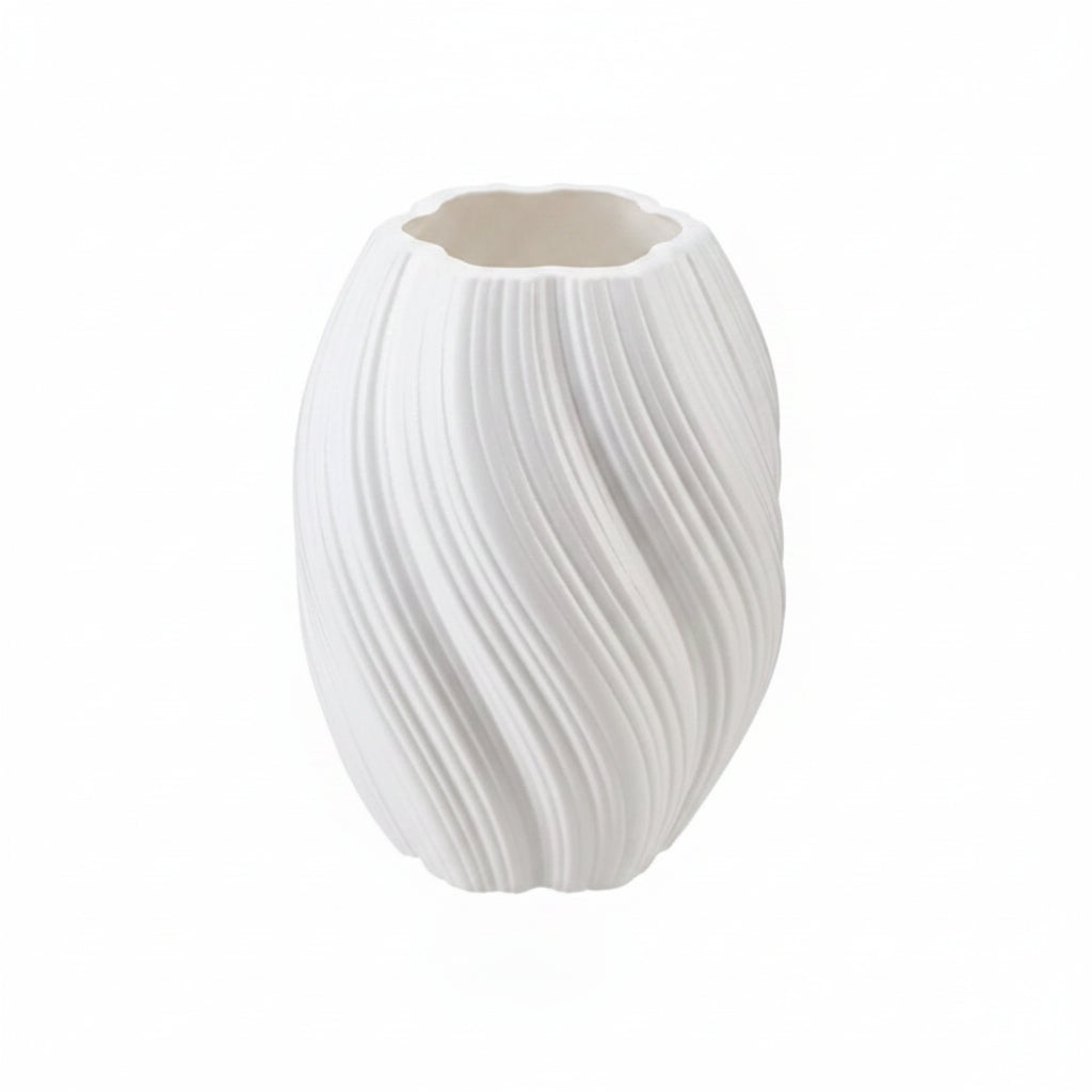 White textured vase with dimensions indicated on a white background
