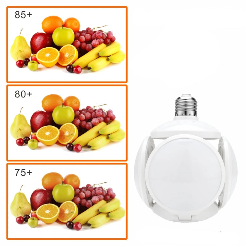 Light bulb with color rendering index (CRI) 85+ and images of fruits to demonstrate color accuracy.