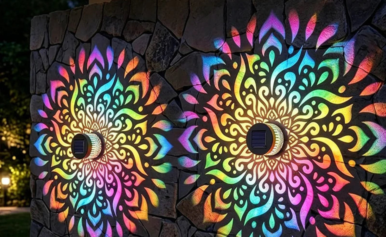 Colorful circular lights on a stone wall with solar, battery, and waterproof features displayed.