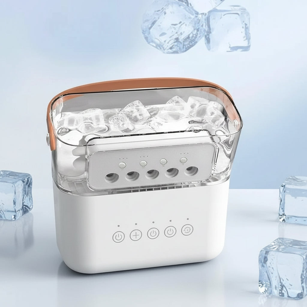 Ice cube cooler with text indicating temperature settings and ice cube addition.