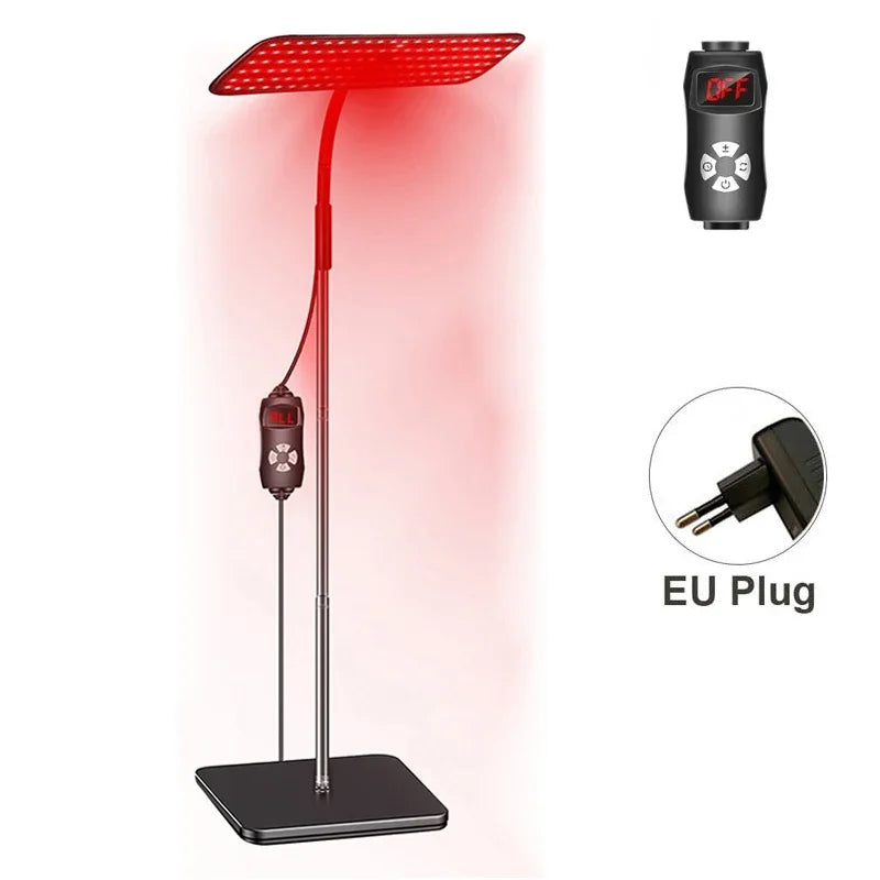 Red light therapy lamp with digital display and EU plug illustration on a white background