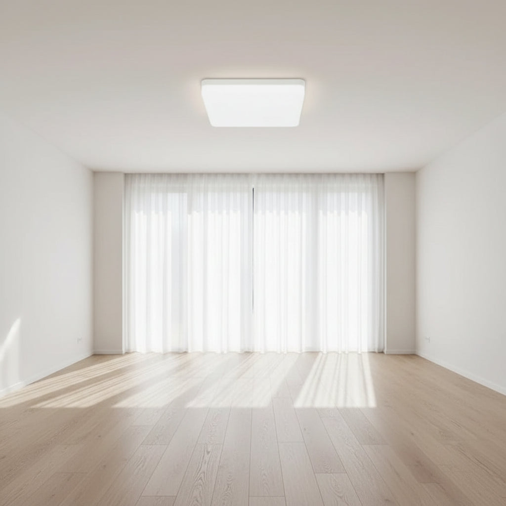 Ceiling light fixture with dimensions and color temperature options in a room setting.