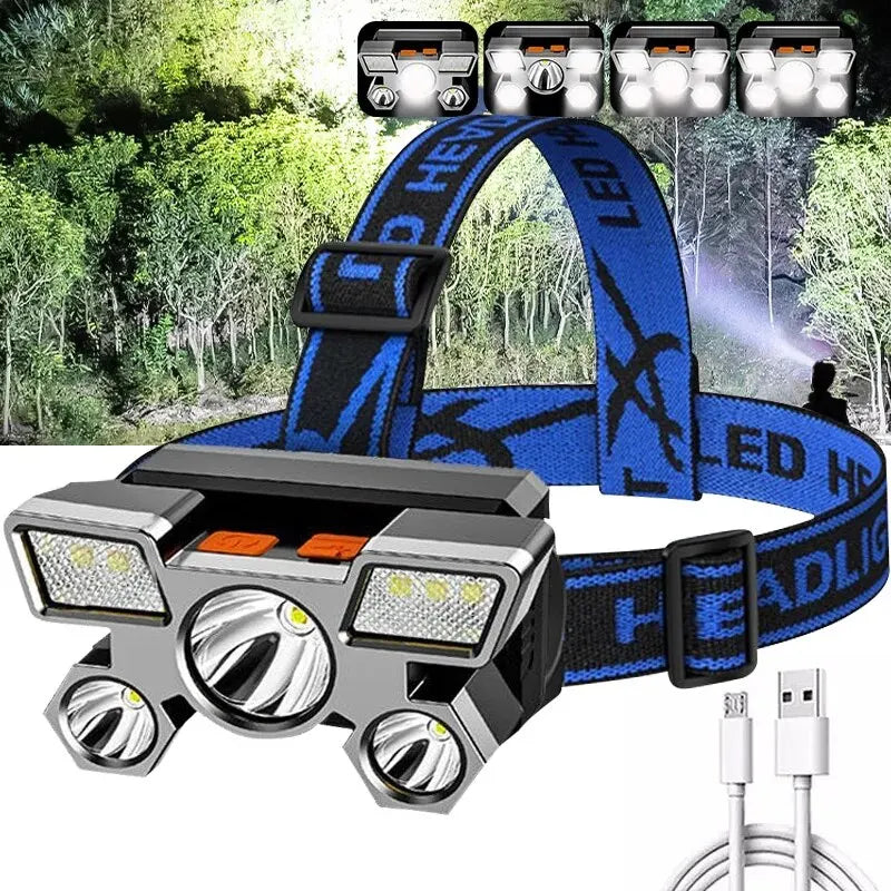 Headlamp with multiple LED lights and charging cable on a forest background