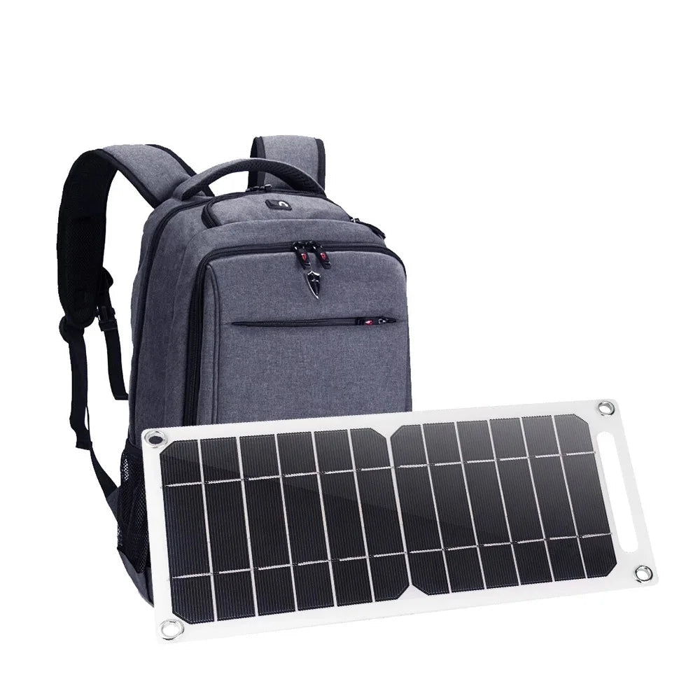 Solar panel attached to a backpack with text indicating its small and portable nature.