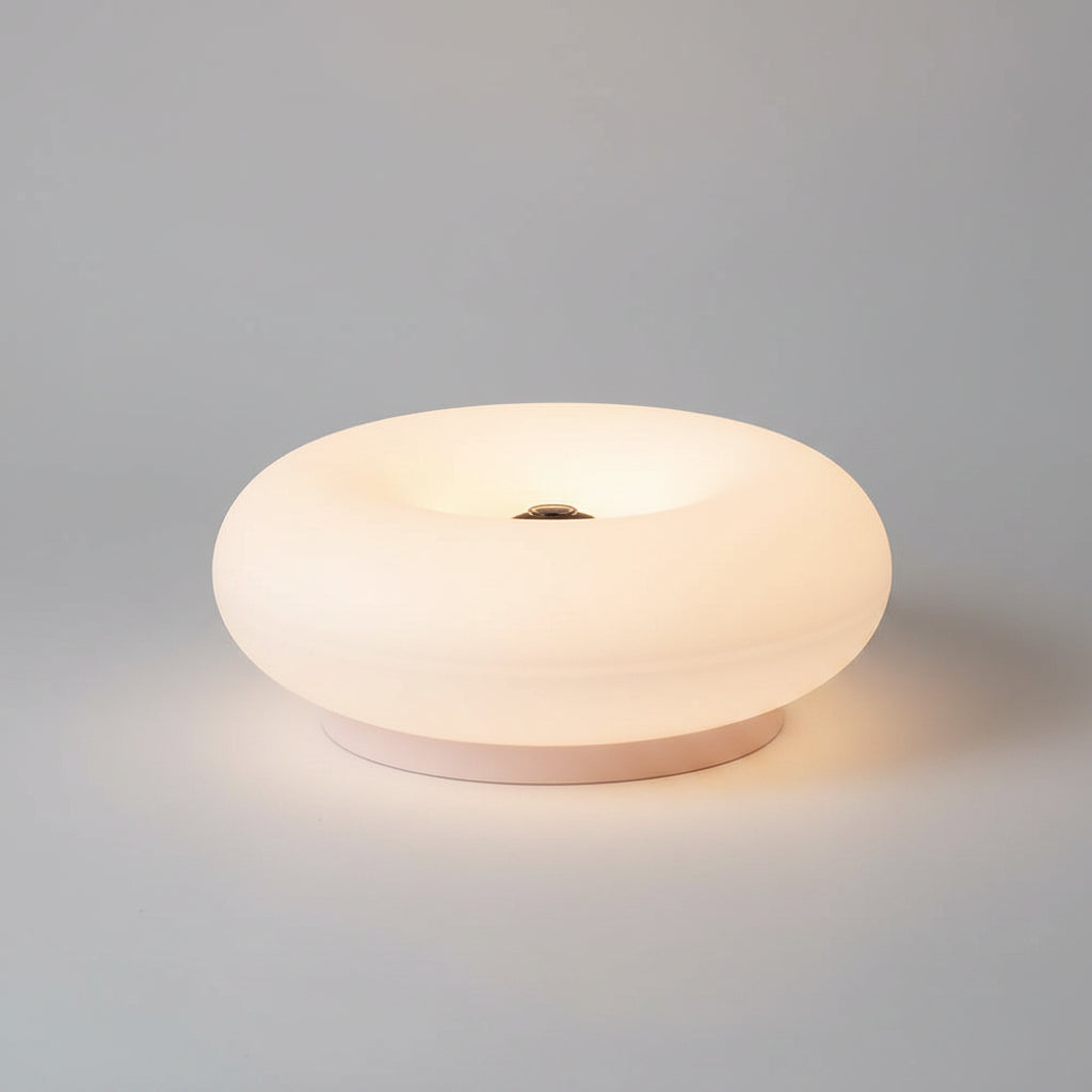 A dimly lit product photo showing a round plug-in lamp on a tabletop, with overlaid dimension arrows and text listing measurements, control method, power, material, and color temperature. No person or animal is present, but the image functions primarily as an informational diagram rather than a clean product shot, so Instruction Diagram is the best fit.