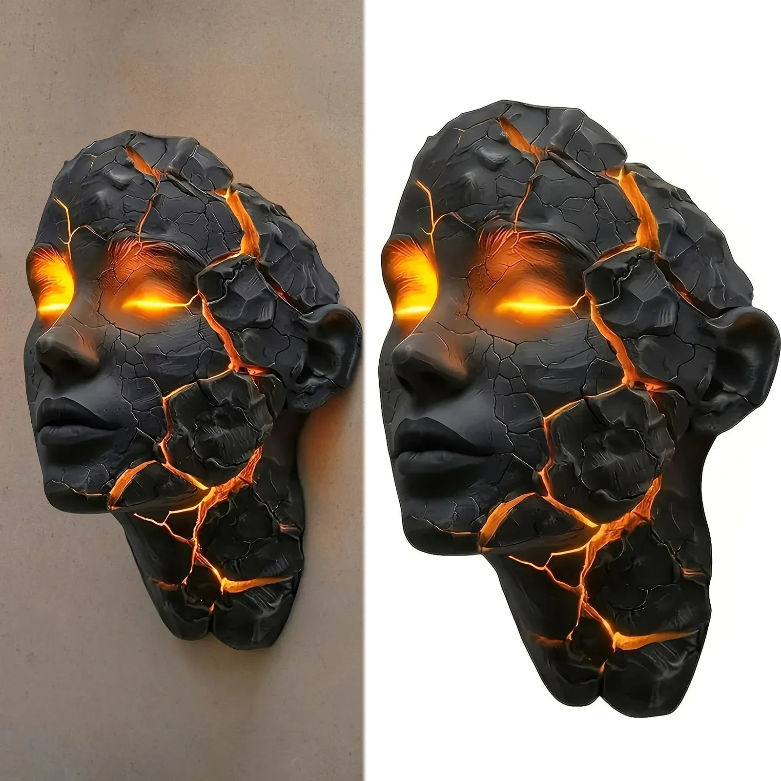 Two dark, cracked wall art pieces with glowing orange interior on a neutral background