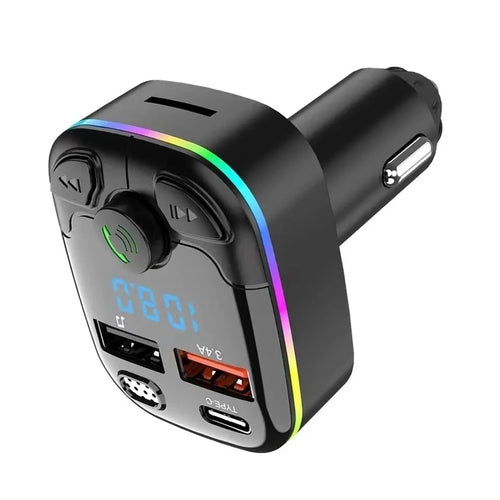 Car charger with digital display and colorful LED lights on a white background
