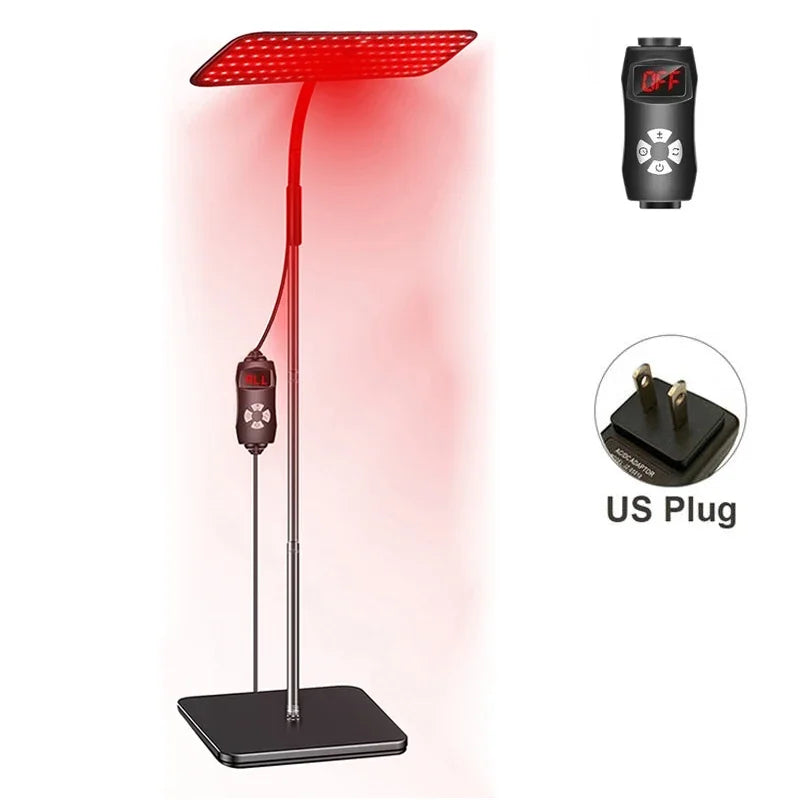 Red light therapy lamp with control panel and US plug adapter on a white background