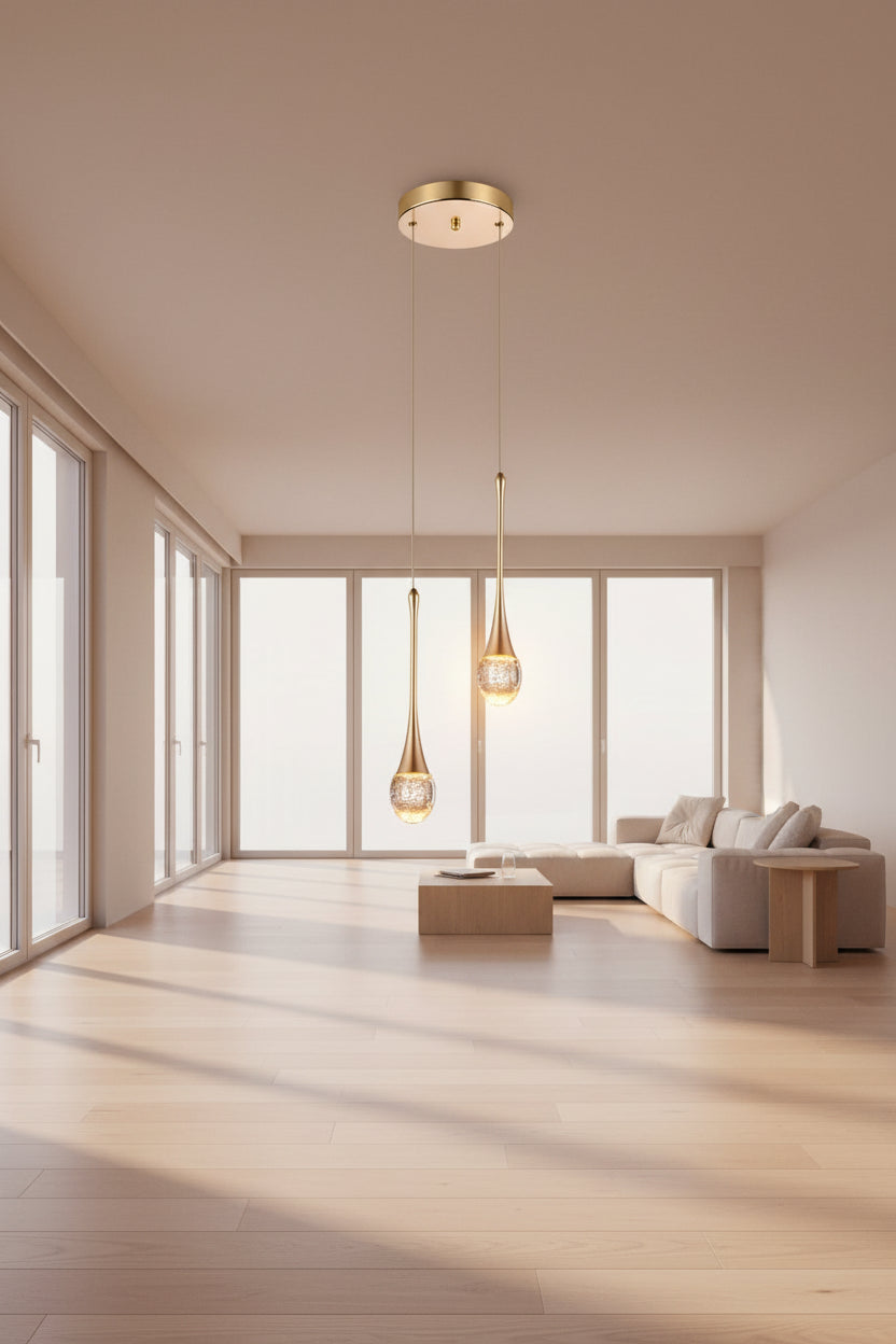 Pendant light with dimensions and specifications on a dark background