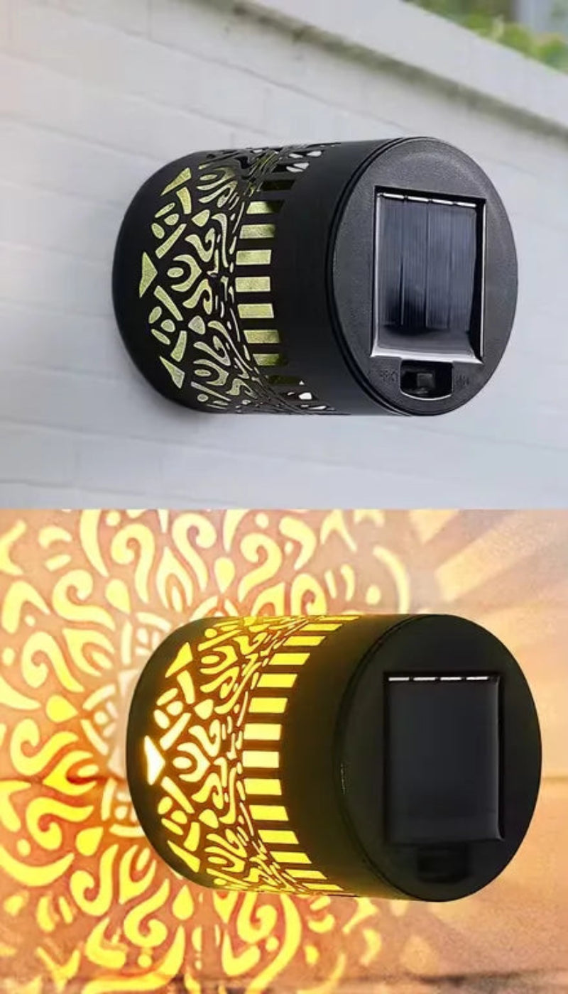 Solar light with charging and lighting duration text on a scenic background
