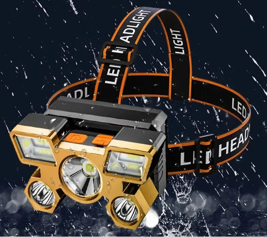 Headlamp with multiple lights and a raindrop effect on a dark background, emphasizing waterproof feature.