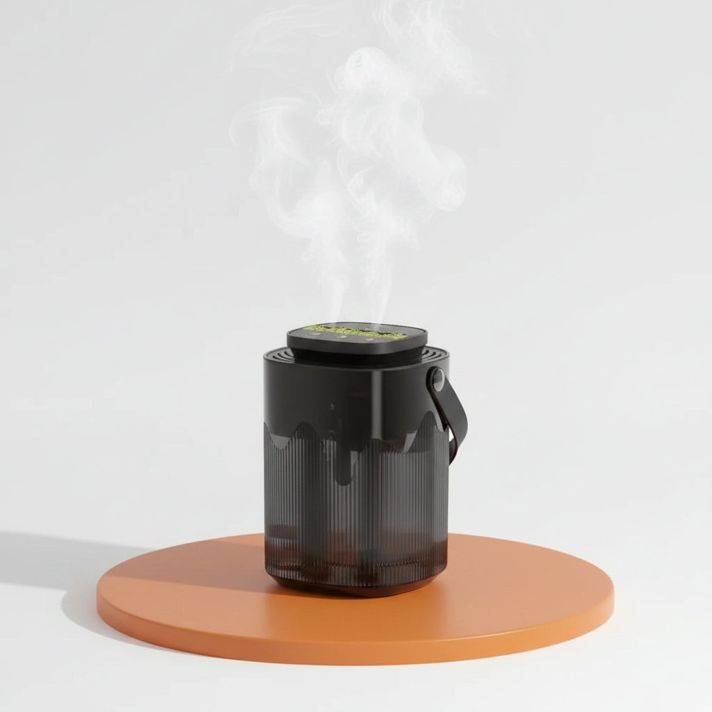 Black diffuser emitting steam on a white background