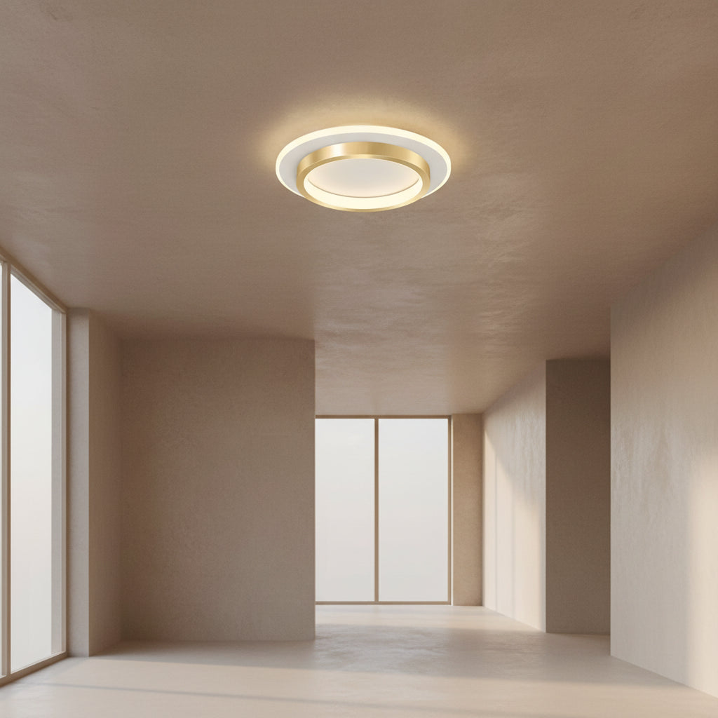 Ceiling lamp with gold ring design on a gray background