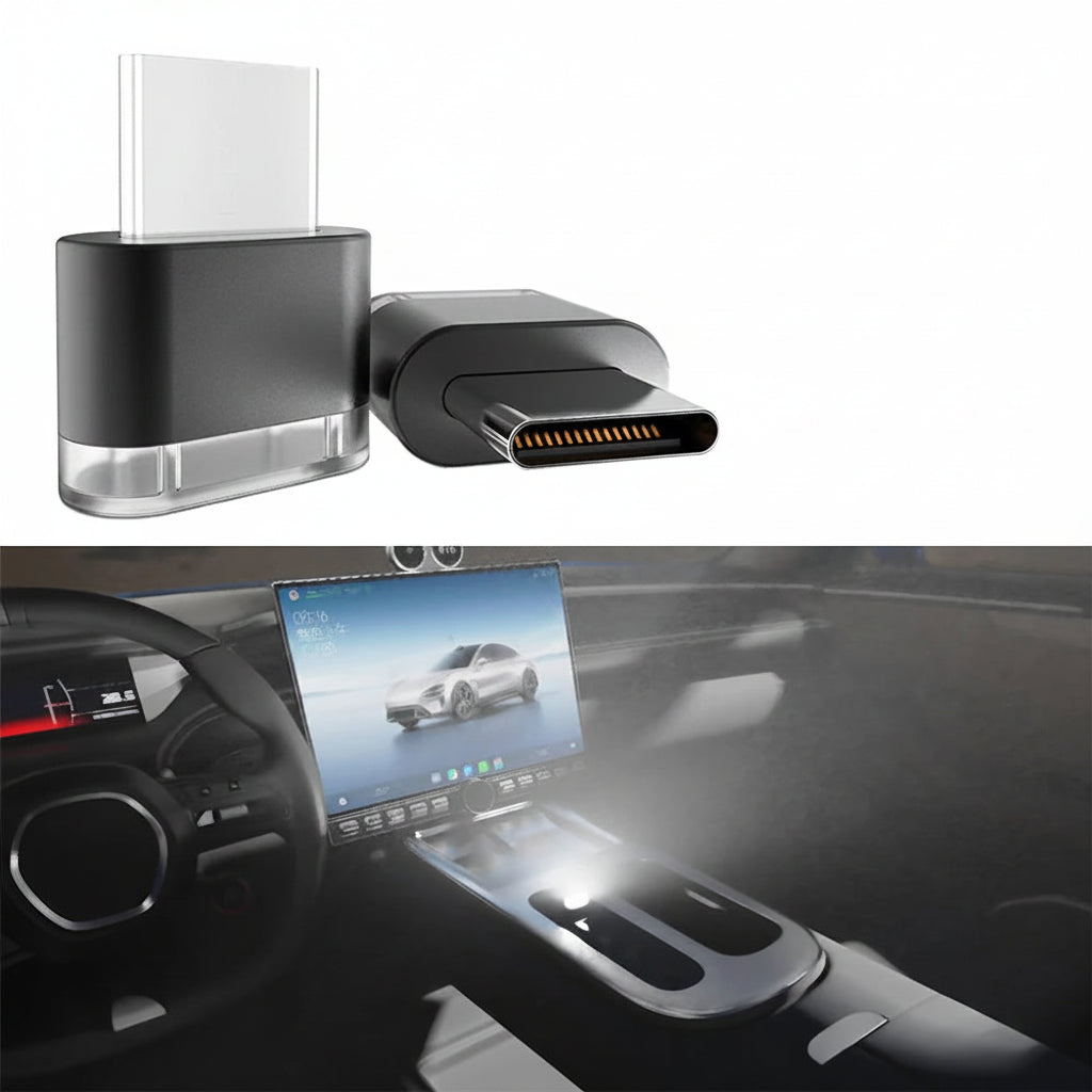 White Type-C ambient light device with a car interior background