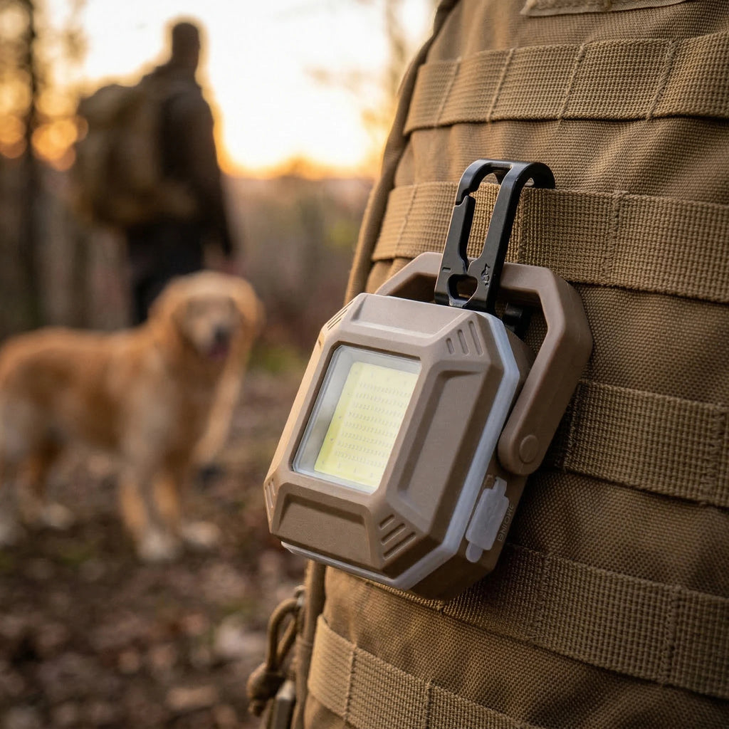 A tactical LED light clipped to a tan tactical vest outdoors, with a dog and a person blurred in the background at sunset.