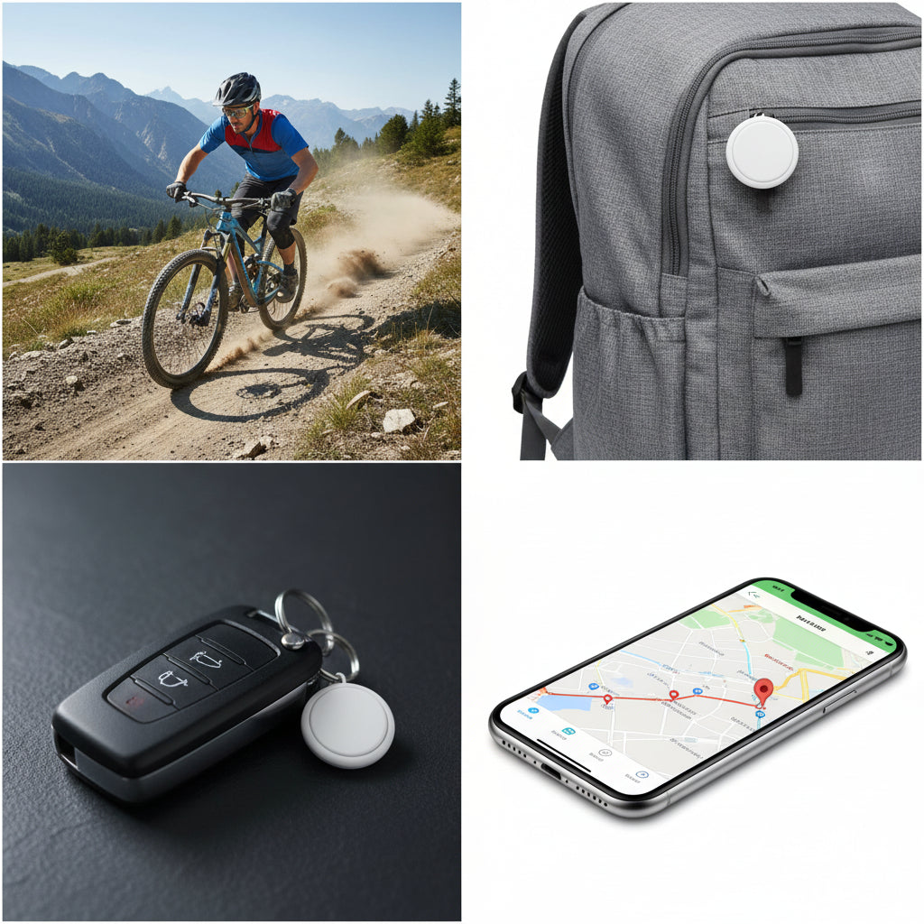 Smartphone with a screen displaying time, accompanied by images of a person on a bike, luggage, and keys, with text about unlimited distance positioning.