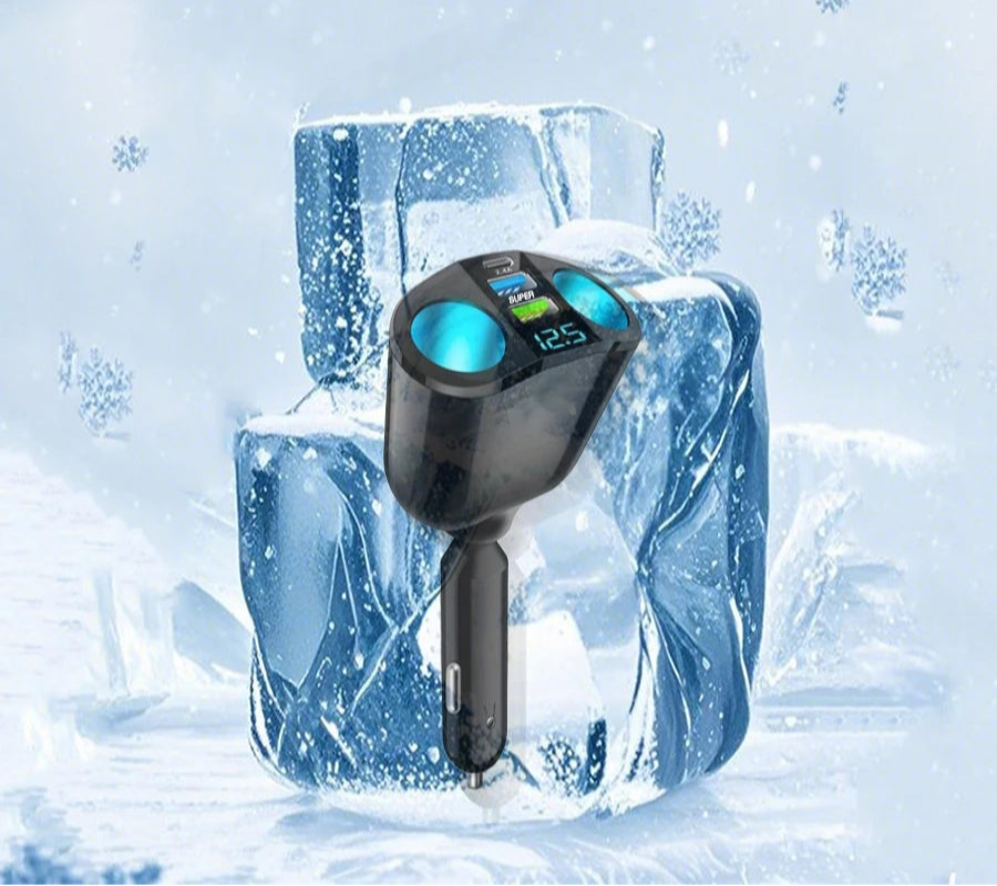 Car charger with digital display in a block of ice, surrounded by snowflakes, on a light blue background.