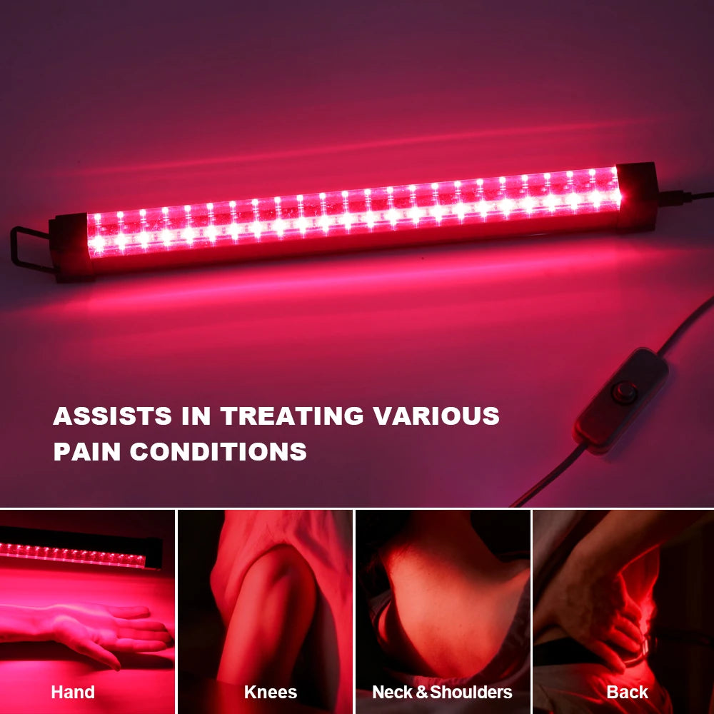 A red light therapy panel with an on/off switch, shown illuminated with a pinkish-red glow. The image includes text stating 'ASSISTS IN TREATING VARIOUS PAIN CONDITIONS' and four small demonstration panels at the bottom showing use on a hand, knees, neck and shoulders, and back.